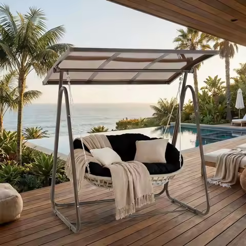 2-Person Weatherproof Rattan Swing Chair with Cushions and Adjustable Hardtop for Patio, Garden, Deck