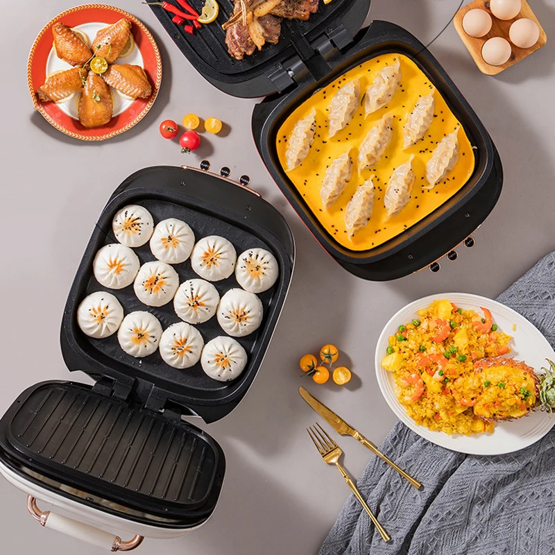 กระทะอบไฟฟ้าเครื่องทำความร้อนสองด้านเครื่องทำบาร์บีคิวอัตโนมัติแบบแขวนสำหรับทอดอาหารเช้า