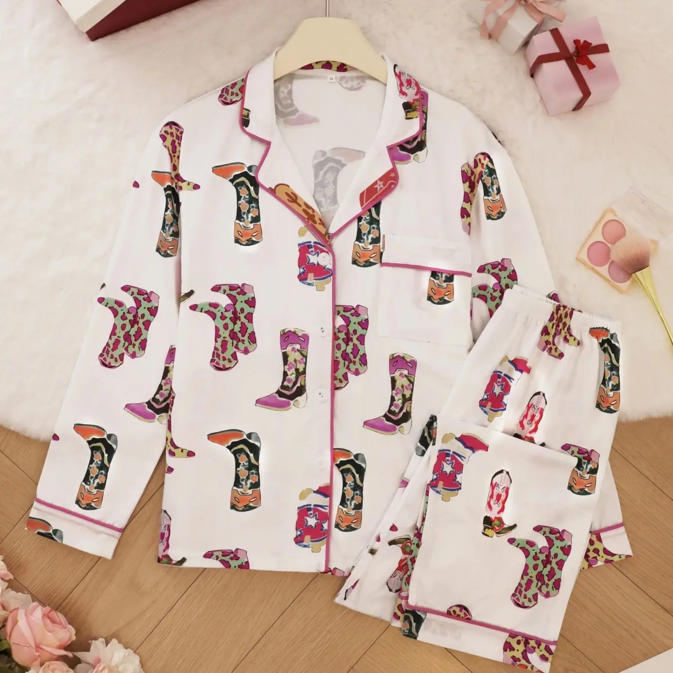 

Western style denim boots, pajamas, long sleeves, long pants, two-piece set for women, casual and suitable for outdoor wear