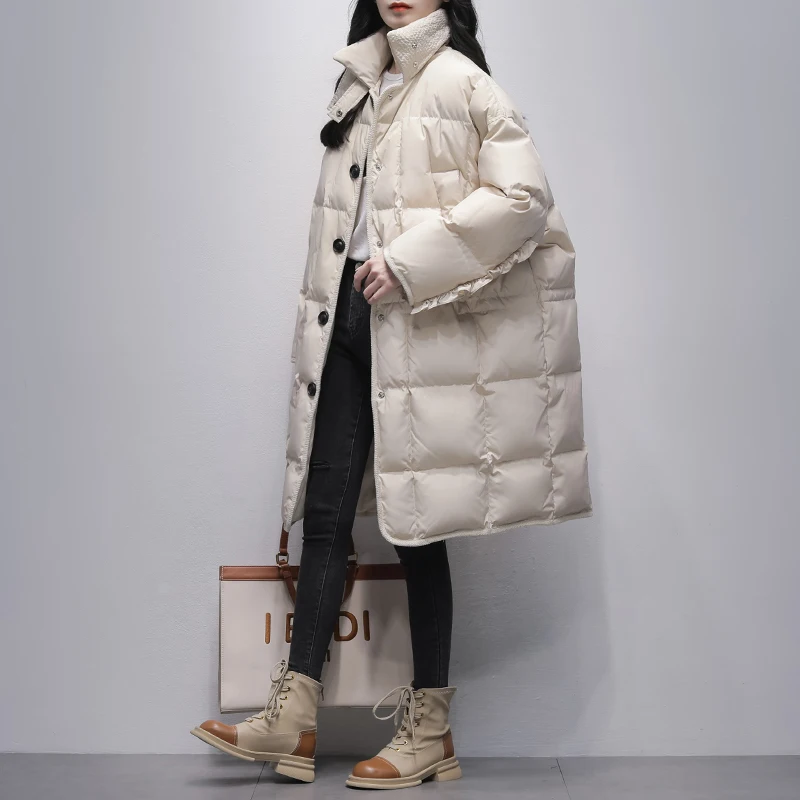 

2023 Thick Long Duck Down Parka Women Jacket Winter Warm Thick Coat Female Casual Loose Button Solid Outwear Oversized X108