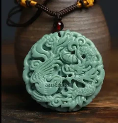 Chinese Lantian Jade Green Dragon Phoenix Pendant Necklace Jewellery Fashion Lucky Amulet Luck Gifts Women Man Sweater Chain