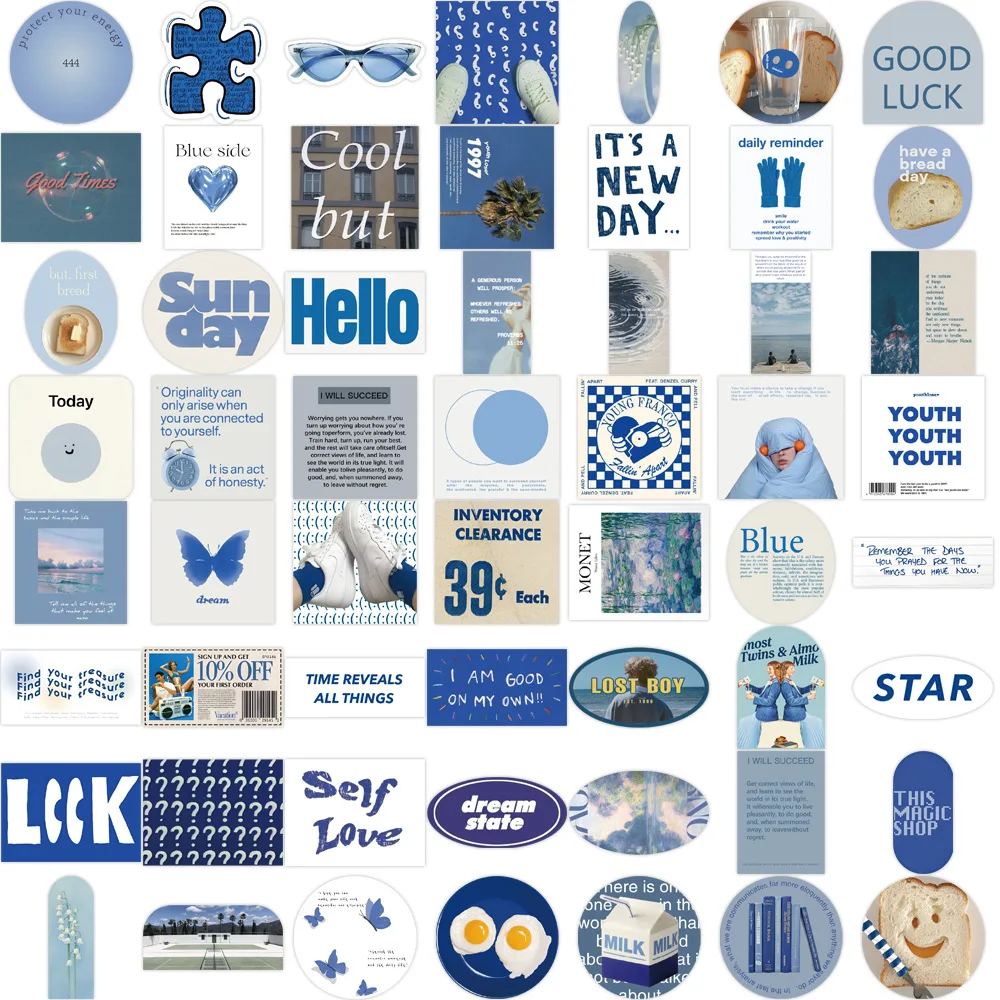 57pcs Blue Stickers Aesthetic Waterproof Laptop Stickers Decals Water Bottle Laptop Computer Skateboard