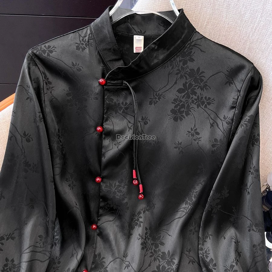National style buckle tang suit top chinese women\'s shirt Spring summer long sleeve stand collar printing cheongsam blouse