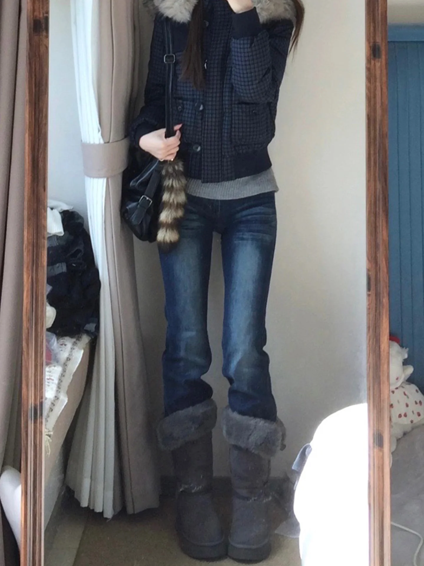 Retro americano waed fce forrado bell bot jeans feminino inverno novo sle pêra ape fino ajuste vintage azul jeans