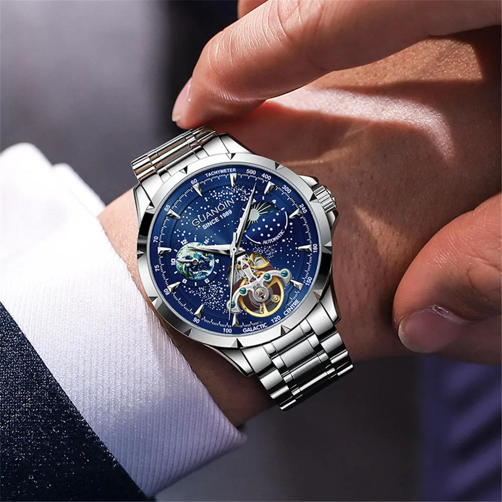 GUANQIN Men Starry Sky Dial Stainless Steel Leather Strap Business Wrist Watch Automatic Self-wind Mechanical Man Skeleton Clock