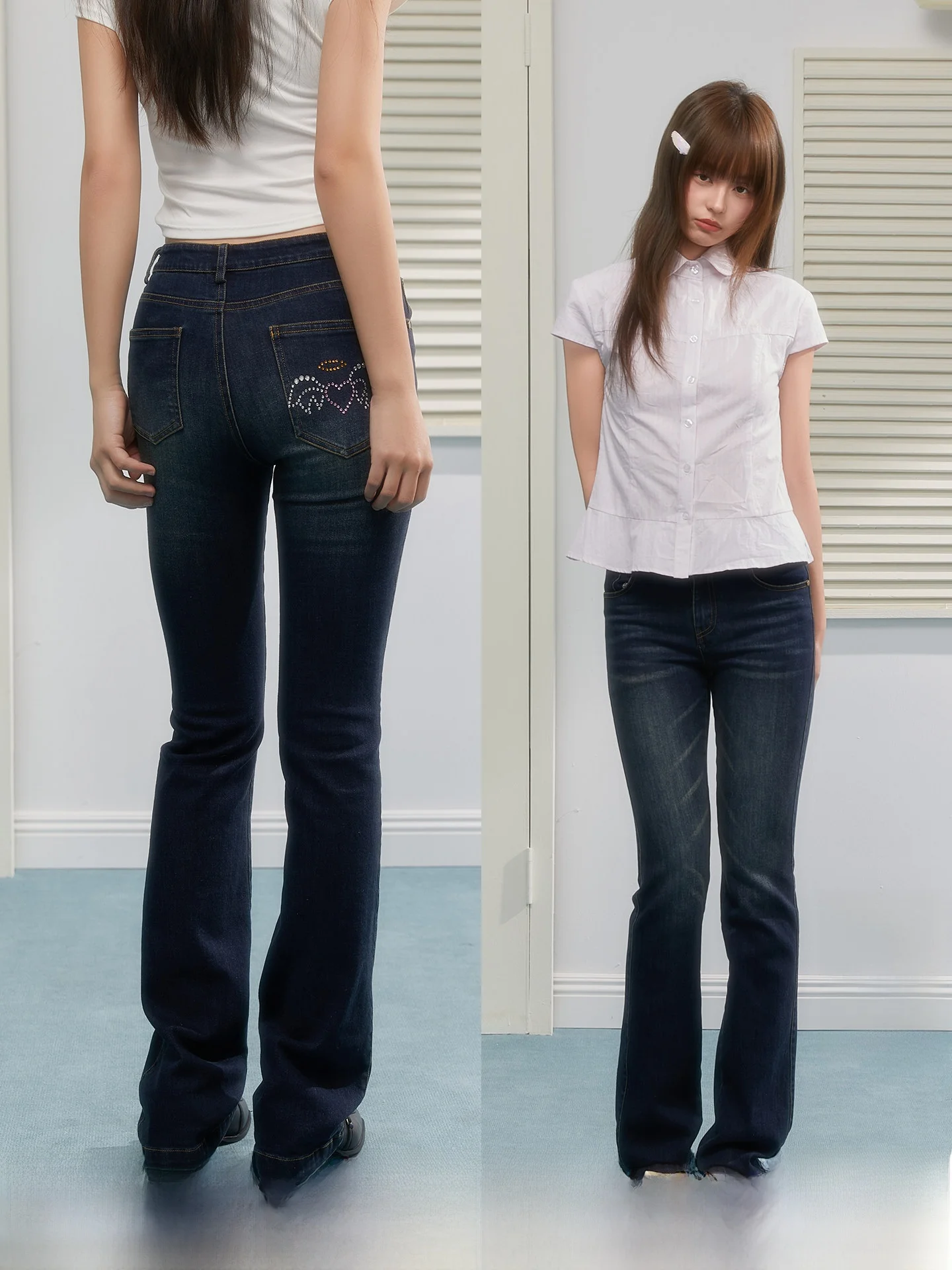 

Sta Vintage Deep Blue adient Waed Slim Fit mid Waist Angel Wing Rhinestone Women's Jeans Elastic Comfortable Denim P...