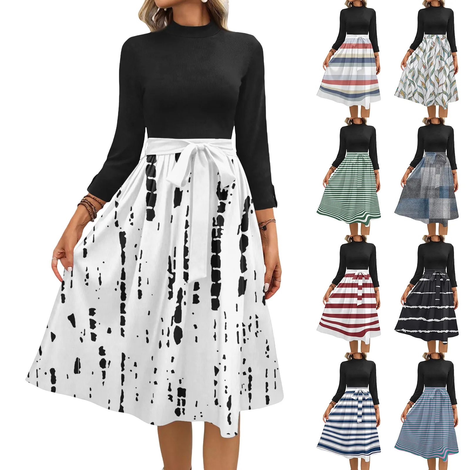 Damesmode Casual Riem Zeven Mouw Ronde Hals Bloemen Temperament Jurken Vestidos Para Mujer Vrouwelijke Jurk Y2k Traf Nieuwe