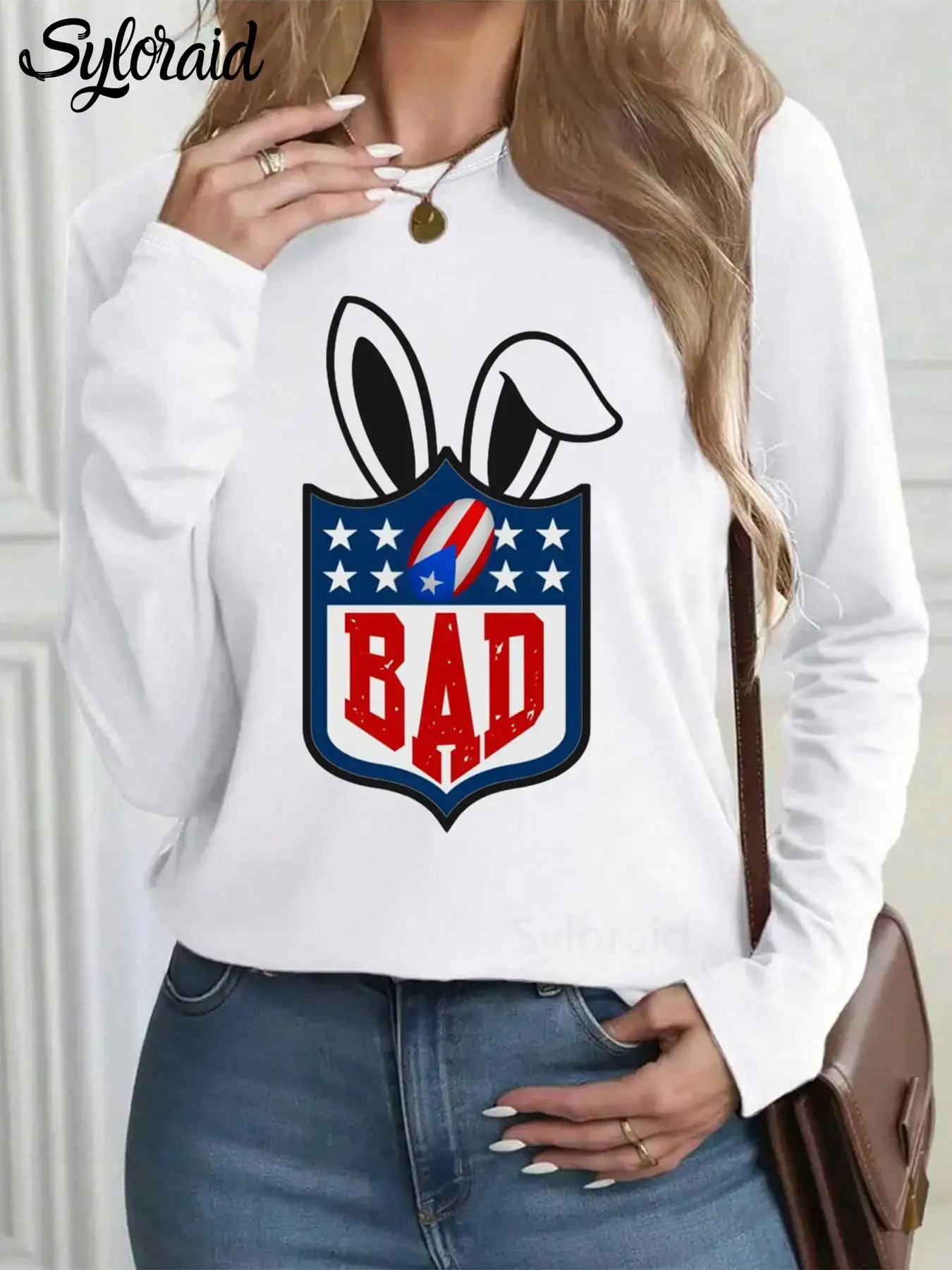여성용 긴 소매 티셔츠 토끼 슈퍼 볼 축구 프린트 티셔츠 패션 라운드 넥 캐주얼 탑