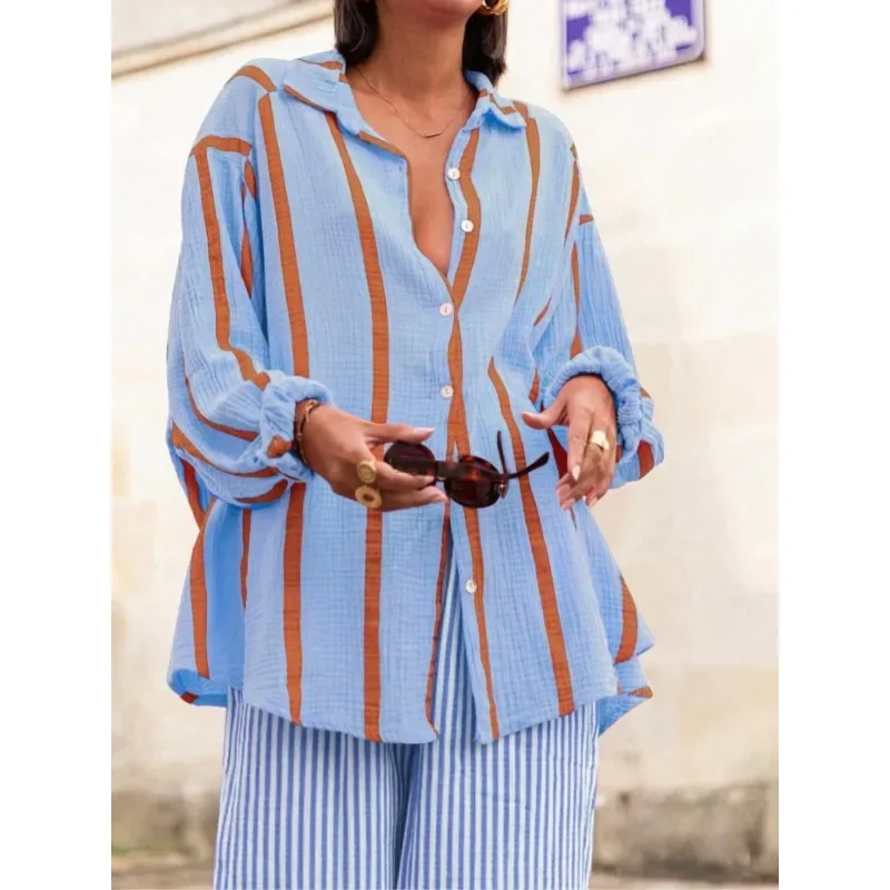 Plus Size New 1XL-5XL New Women's Casual Shirt Fashion Striped Long-sleeved Loose Lapel Women's Top