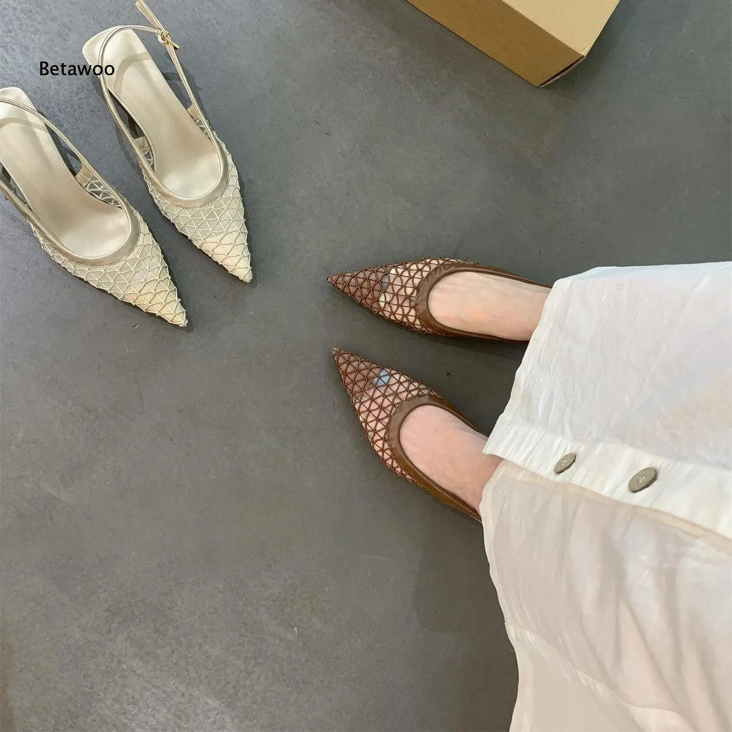 Women Fishnet Mesh Pointed Toe Slingback Pumps Thin Heel Adjustable Buckle Back Strap See Through Mule Heels