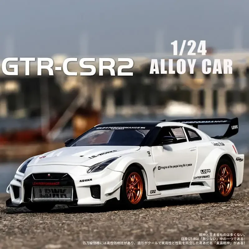 Nissan GTR CSInter Modèle de voiture de sport en alliage métallique moulé sous pression, son et lumière, nervure arrière, collection de jouets pour enfants, cadeaux, 1:24