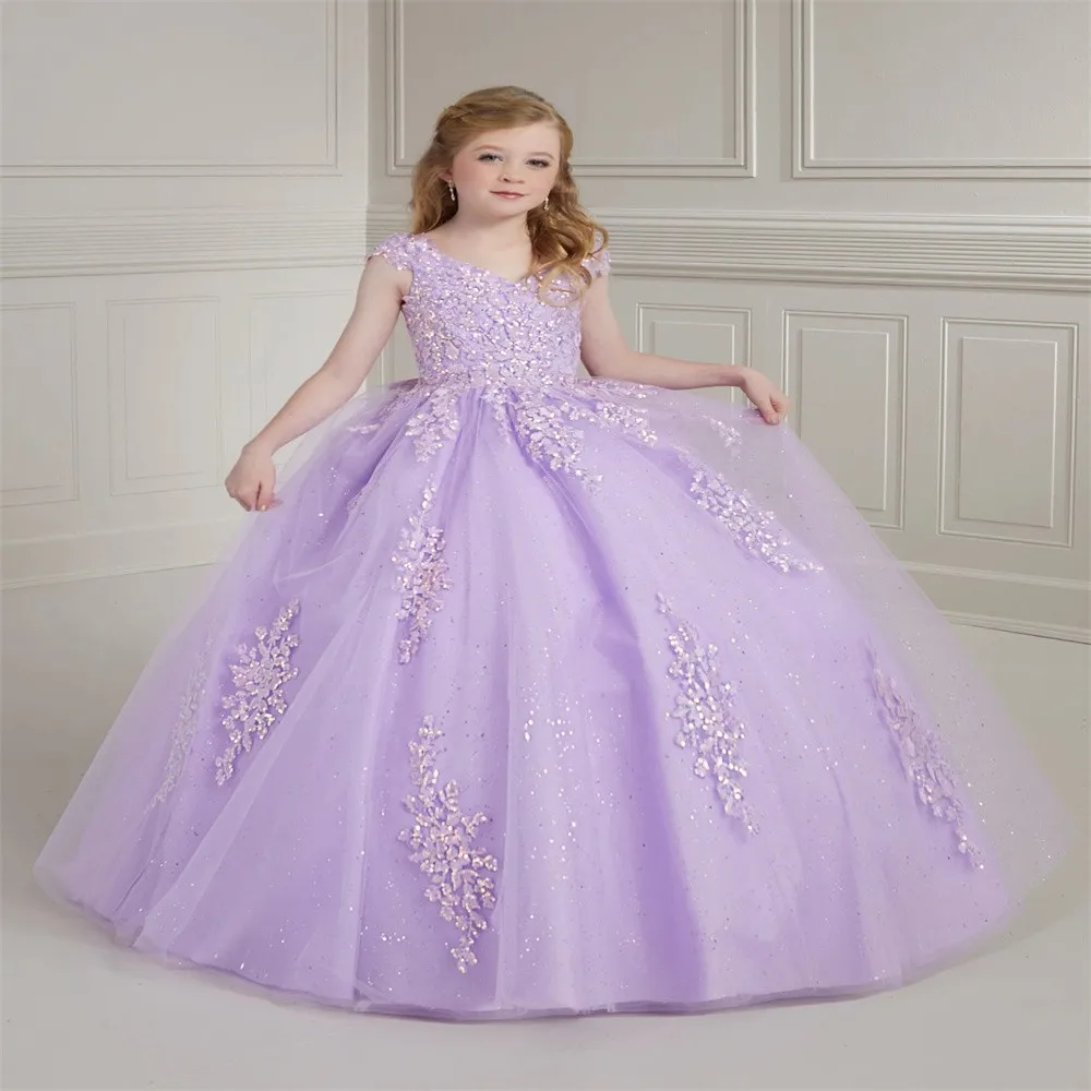 Vestido Flor Lilás da Menina, Vestido Appliqué, Presente de Aniversário, Batismo e Personalizado Acadêmico, Celebração da Graduação, Novo