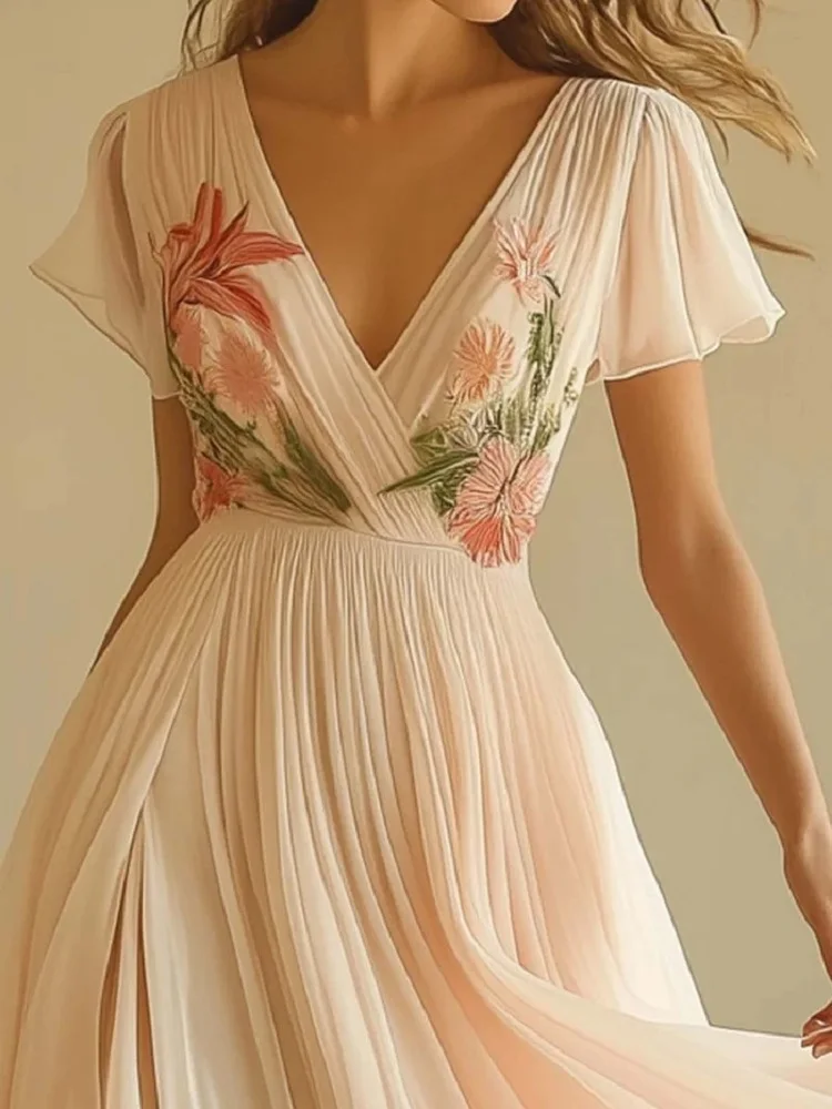 Vestido de manga larga con estampado de patrón Vintage para mujer, vestido largo plisado con cuello de pico Sexy, vestido largo empalmado con solapa de estilo bohemio