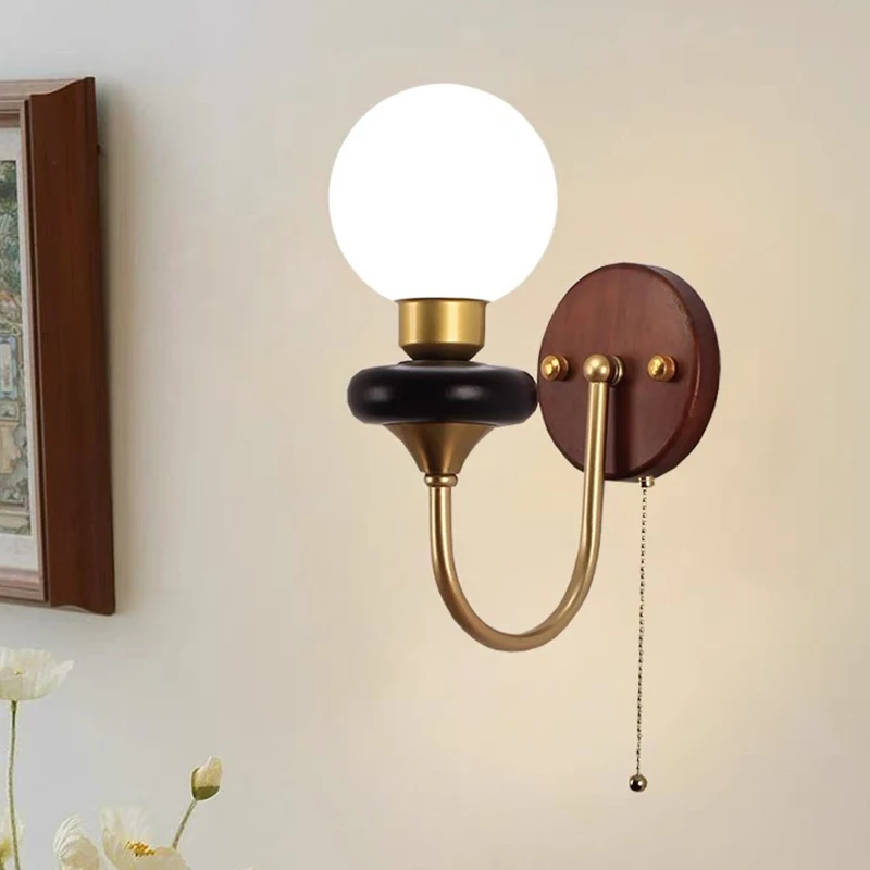 French Retro Wall Lamp Simple Bedroom Bedside Medieval Living Room Background Study Aisle Solid Wood Lighting