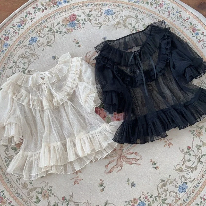

Японская Лолита, милая блузка с коротким рукавом, женская милая кавайная кружевная сетчатая рубашка, летняя Y2K, повседневные модные тонкие топы, шикарные новые