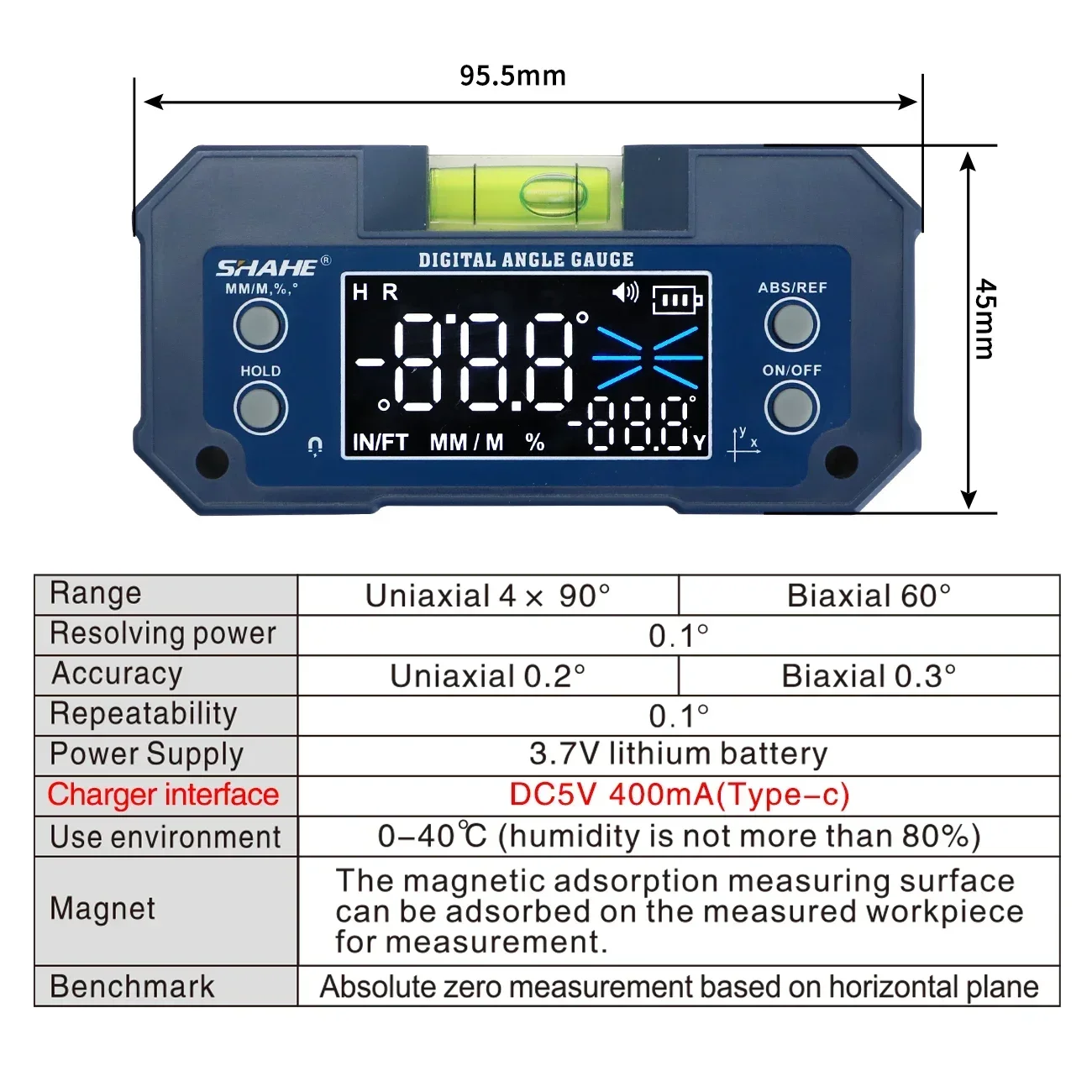 SHAHE Dual Axis Digital Protractor Inclinometer Rechargable Digital Angle Finder Level Box With Optional Wireless transmission