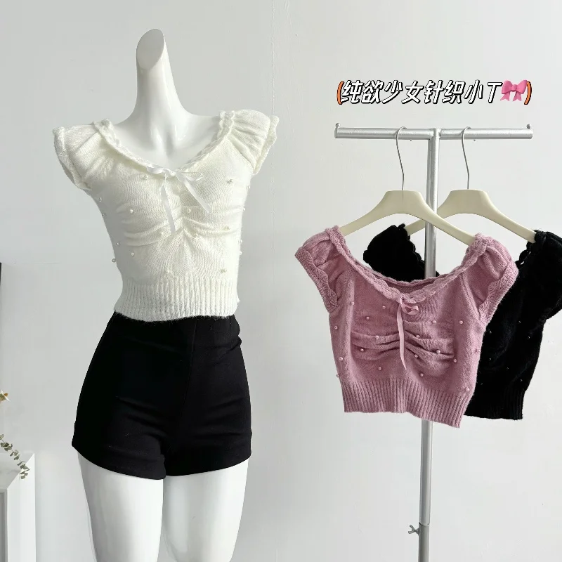 

Gyaru Coquette Kawaii Summer Korean Vintage Mori Girl T-Shirts V-Neck Knit Tees 2000s Aesthetic Sleeveless Cute Core Crop Tops
