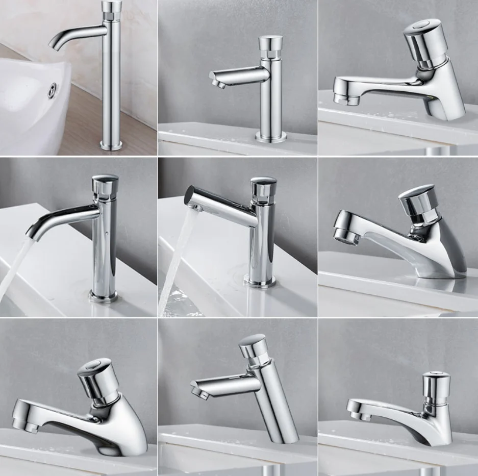 

Copper single cold press-type delayed faucet. Public restroom handwashing basin hand-operated switch.