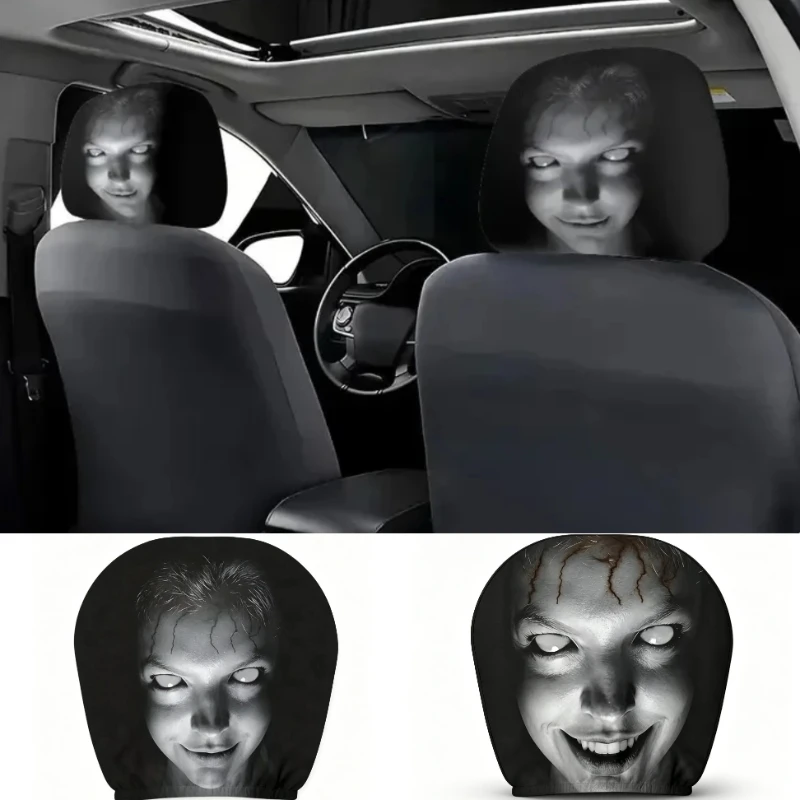 1/2Pcs Halloween Horror Mischief Face Printing Car Headrest Covers Universal Elastic Car Seat Headrest Cover Gift For Friend