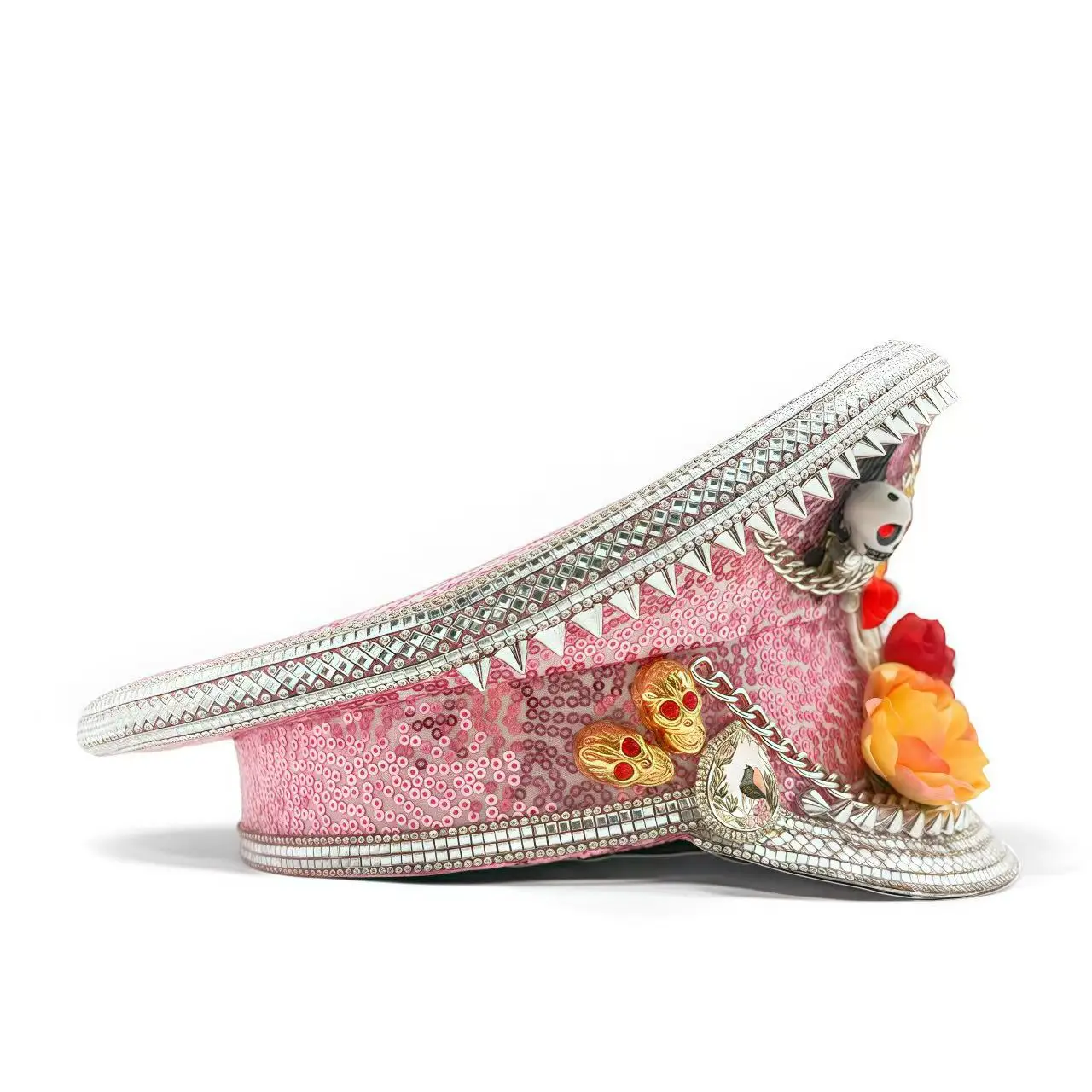 Czapka Kapitańska HongLuan z Żółtą Laserową Skórzaną Pętelką, Ozdobiona Cyrkoniami, Czapki Wojskowe dla Kobiet, Akcesoria na Festiwale Rave i Czapka Imprezowa dla Mężczyzn