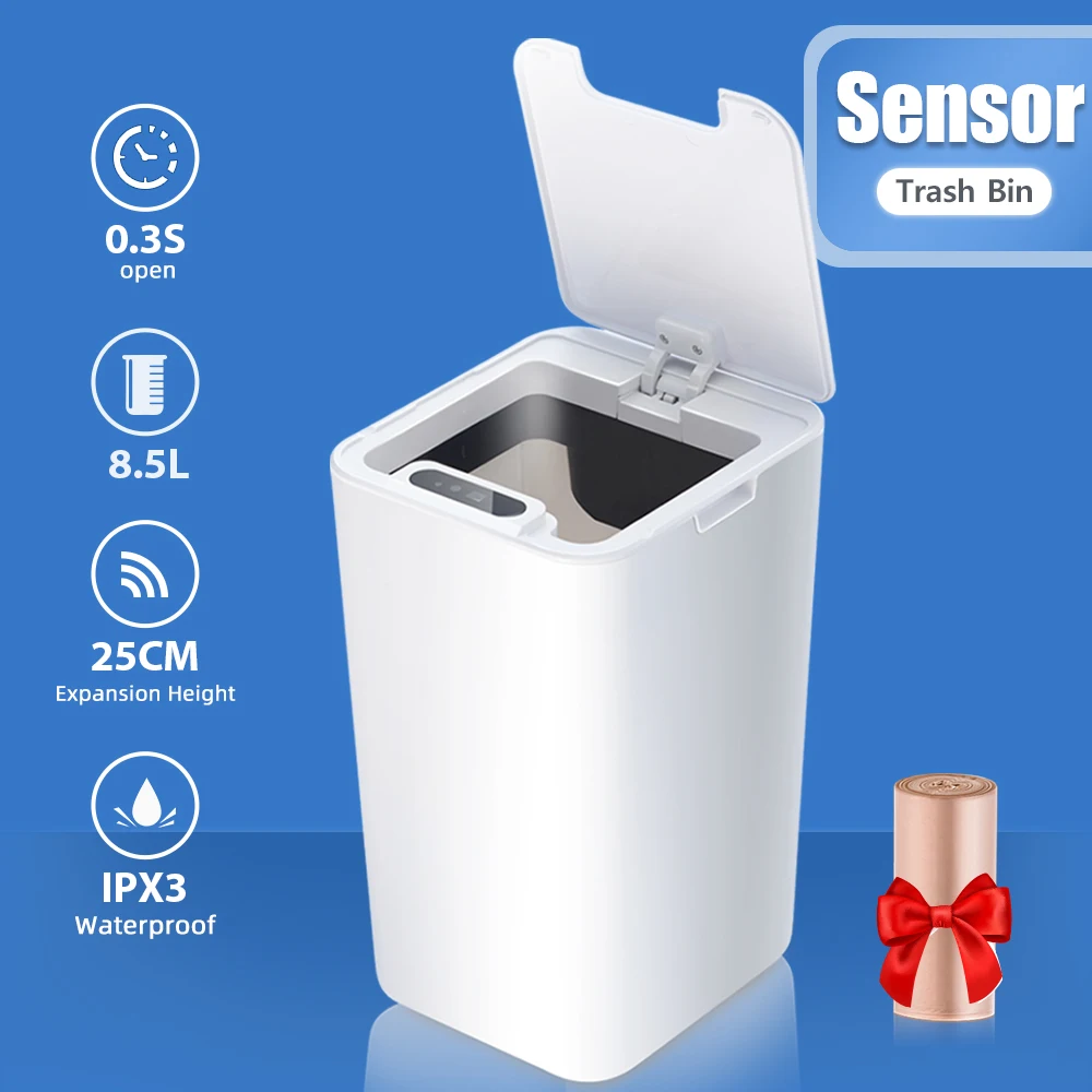 SDARISB Smart Sensor Trash Can Automatic Kicking White Garbage Bin for Kitchen Bathroom Waterproof 8.5-12L Electric Waste Bin