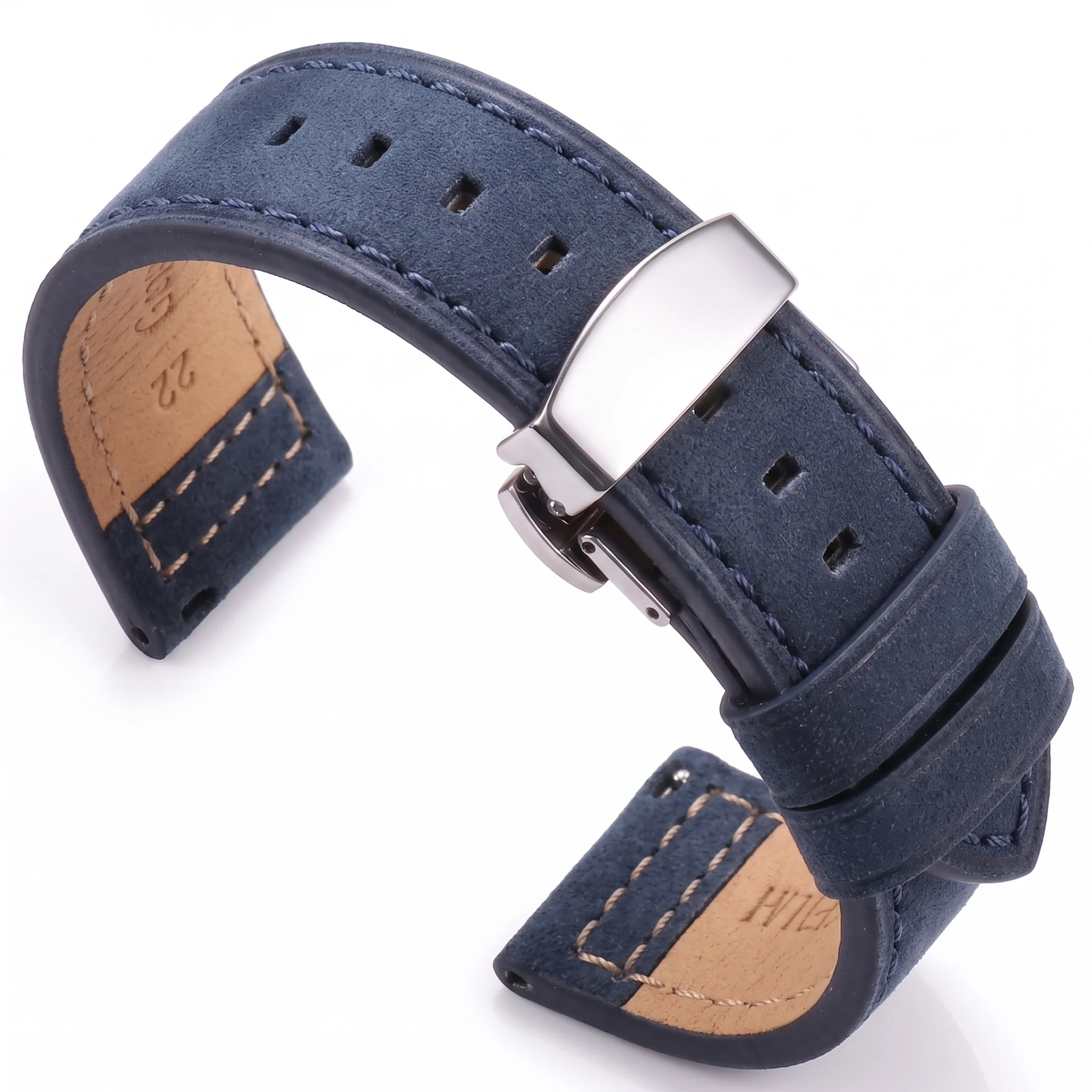 Weiches Uhrenarmband aus genarbtem Rindsleder 18mm 20mm 22mm 24mm Schnellverschluss-Uhrenarmband mit Doppel-Druckknopf-Schmetterlingsverschluss Zubehör für Herren