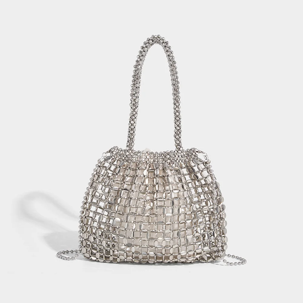 

New retro silver metal handmade shiny bead sequin handbag, underarm single shoulder sequin bag woven