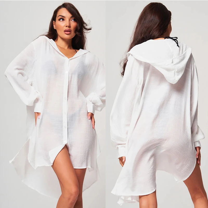 

Fashion Women Cover Up Shirt Solid Color Sheer Mesh Long Sleeve Button Down Hood Tops For Beach Lightweight Long Sleeve Swimwear