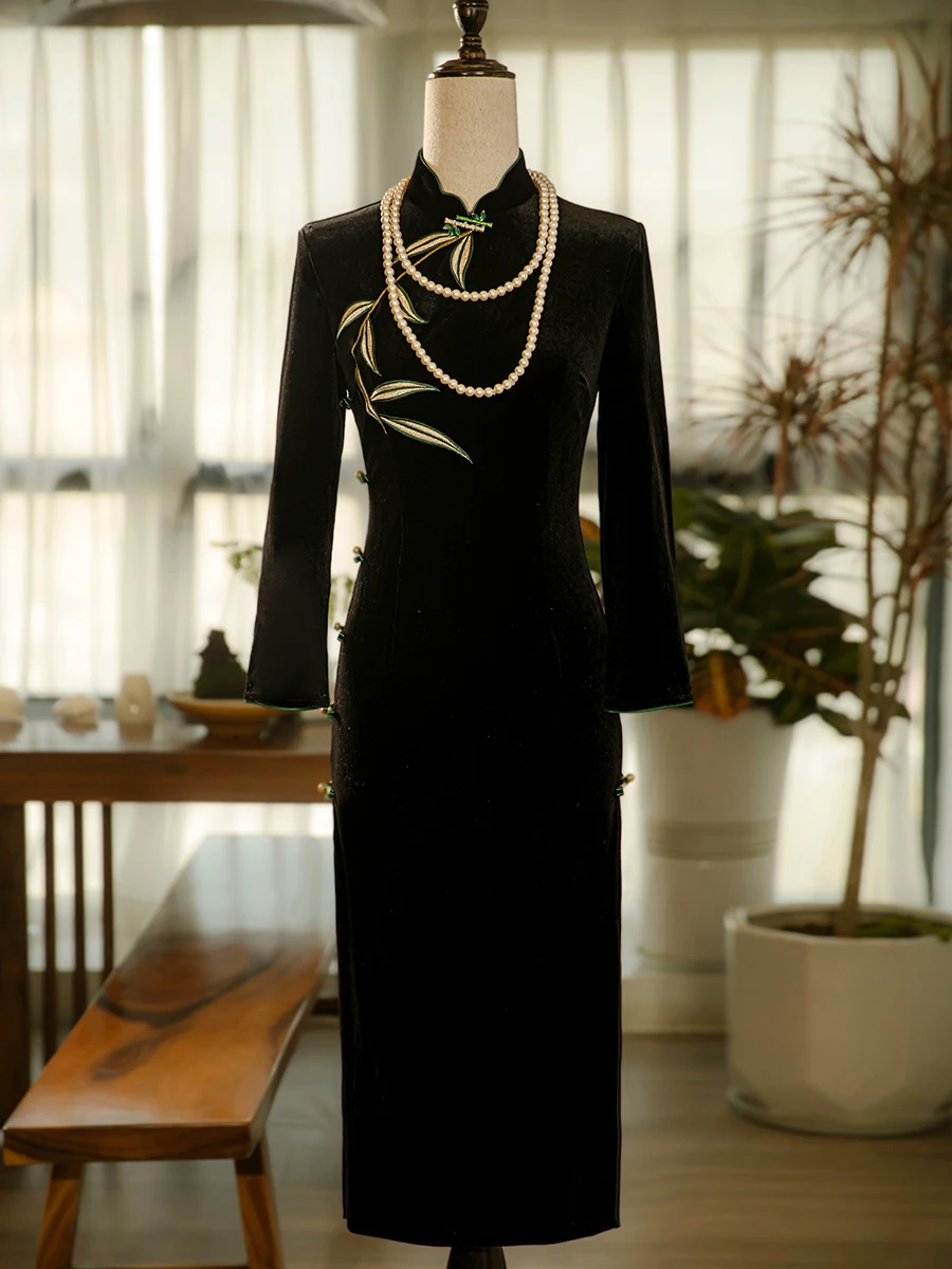 

Bla Velvet Dr Long Sve Young Sle Retro Wind Evening Gown Women's Faionable Traditional Chinese New Year...