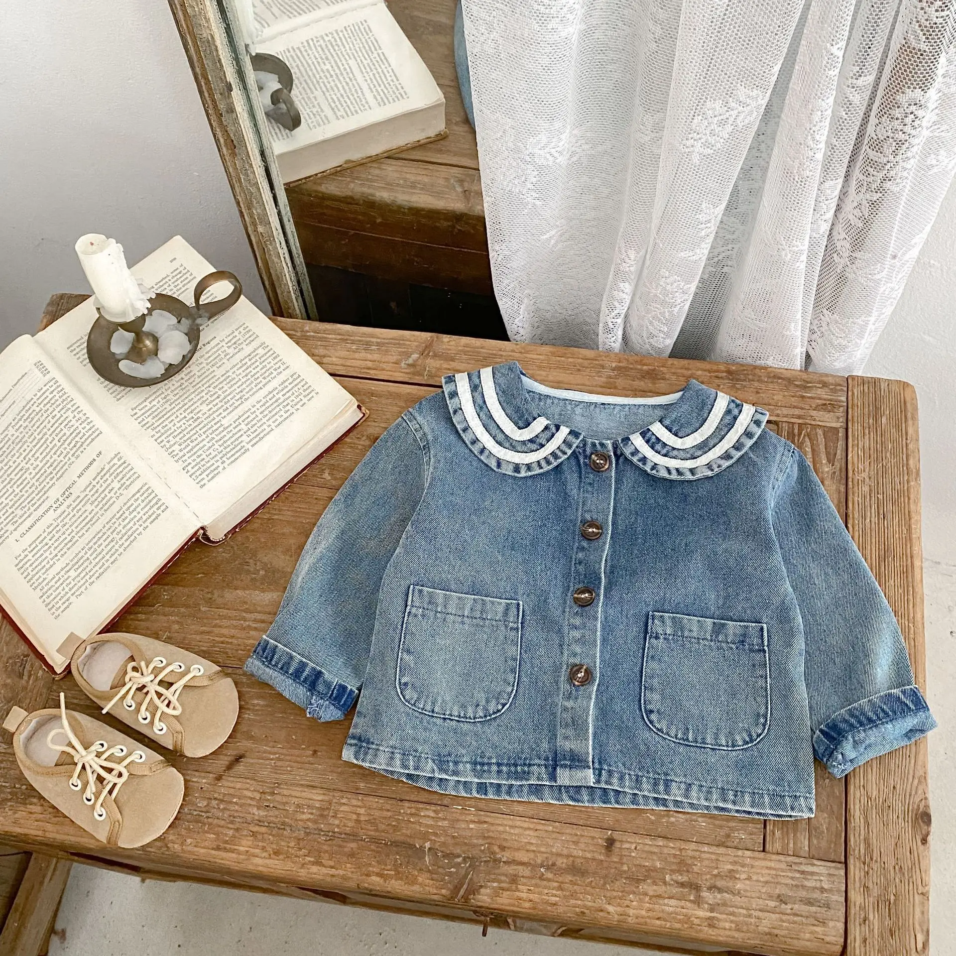 

2025 Fall Korean Style Infant Toddler Girls Denim Jacket with Sailor Collar and Ribbon Trim Casual Outerwear