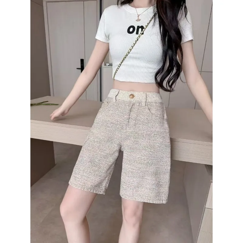 

Women's High Waist Tweed Denim Shorts Wide Leg Casual Pants
