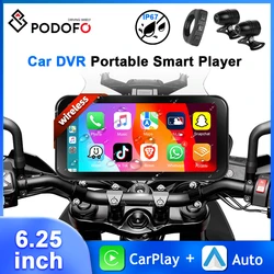 Podofo 6.25Inch Smart Player Android Auto Motor Carplay  IP67 Waterproof GPS Navigation Carplay Motorcycle With SWC Dash Cam