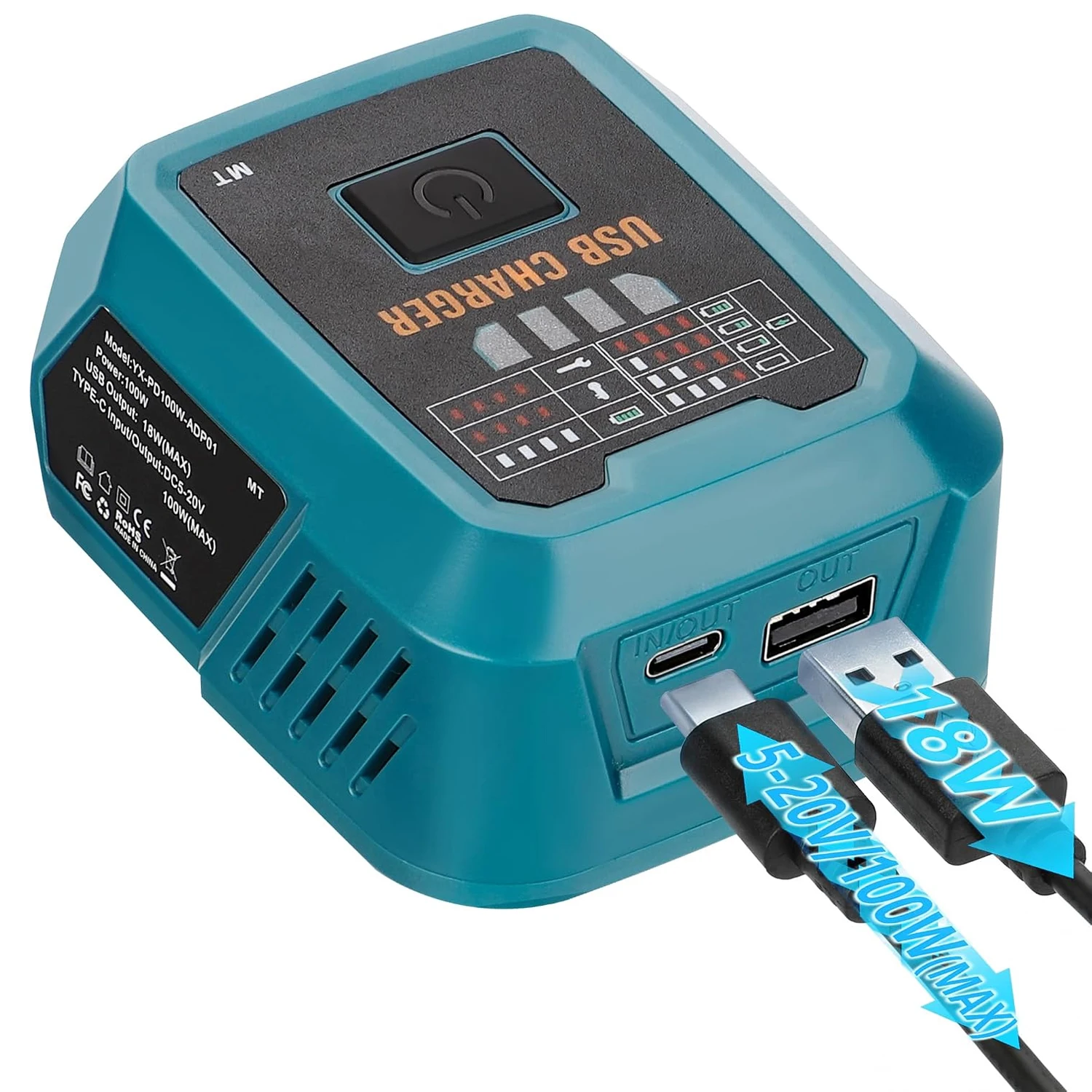 100W USB-C-Ladegerät passend für Makita 18V-Akku, Netzadapter mit USB-A-Anschluss, Ladehub für Handys & Tablets (nur Werkzeug) – Detail 2