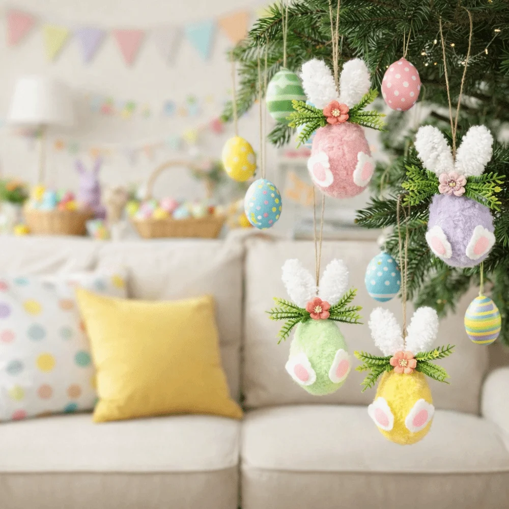 Flower Dot Foam Easter Eggs Rabbit Design with Rope Easter Eggs Gift Decorative Colorful Hanging Flower Egg Venue Layout