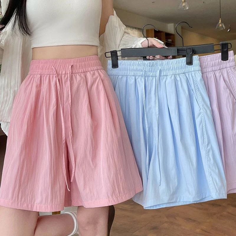 Lady Drawstring Ice Silk Short Pants Girls Solid High Waist Baggy Shorts Women Korean Comfortable Leisure Daily Pants