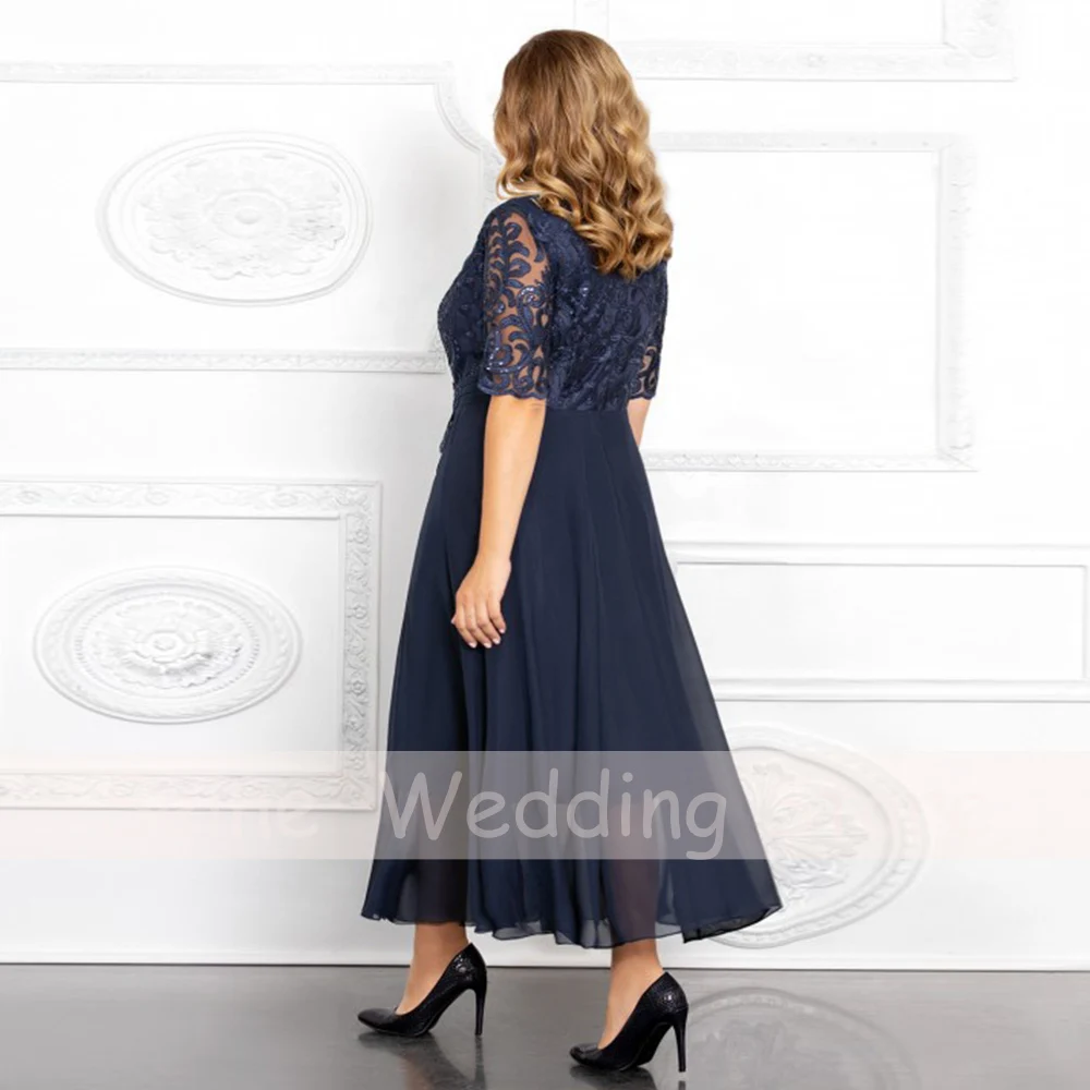 Plus Size Mother of the Bride Dresses 2022 Elegant Women V-Neck Navy Blue Guest Wedding Party Gown Short Sleeves Robe De Soirée