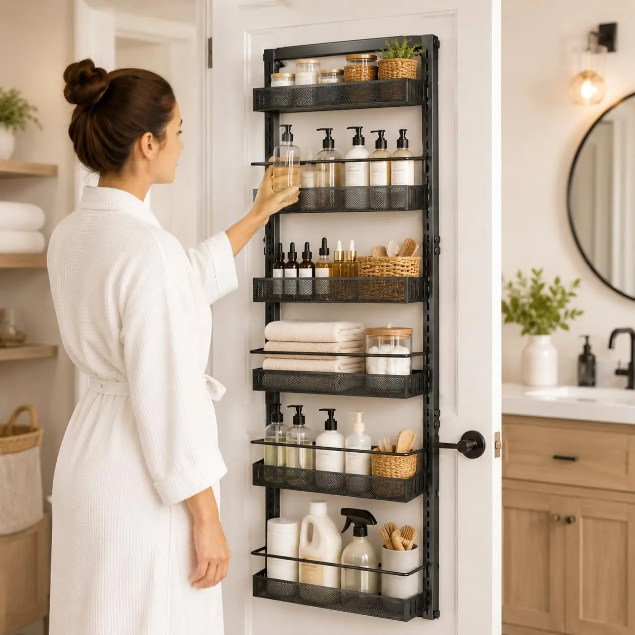 Organizzatore da appendere alla porta a 6 livelli, regolabile, in metallo resistente, con opzione di montaggio a parete, ideale per spezie, lattine e articoli da cucina.