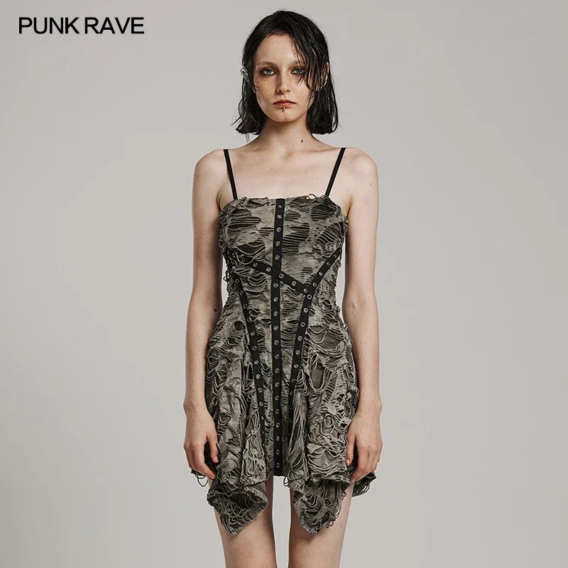 PUNK RAVE Women\'s Punk Wasteland Adjustable Shoulder Straps Asymmetrical Dress Mini Dresses Women Clothing Two Colors