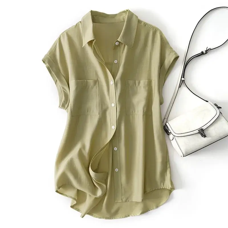 グリーンソリッドカジュアルポロネックシングルブレスト半袖レディースブラウスシャツカジュアル女性服トップスファッション2026春