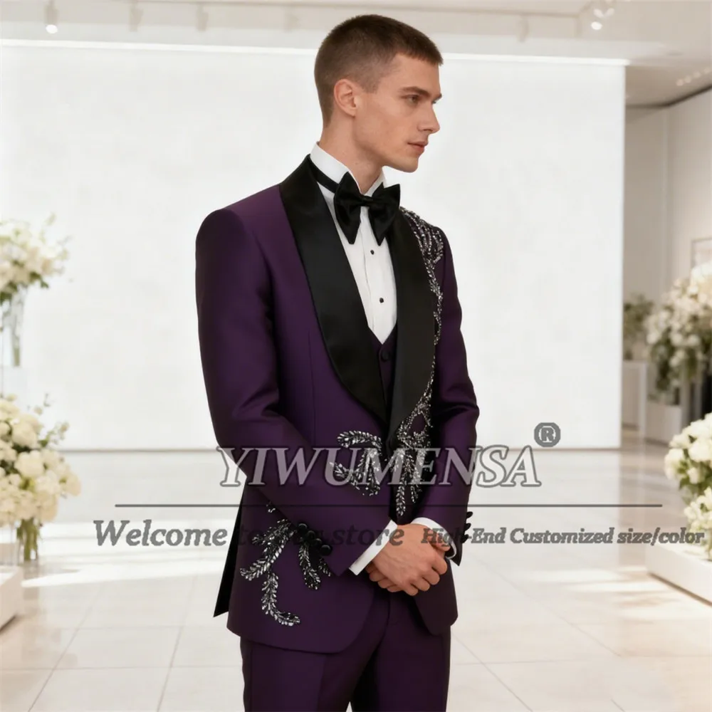 

Man Business Suit Jacket Vest Pants 3 Pieces Set Customized Men's Banquet Attire Dinner Party Prom Blazers Groom Wedding Tuxedos