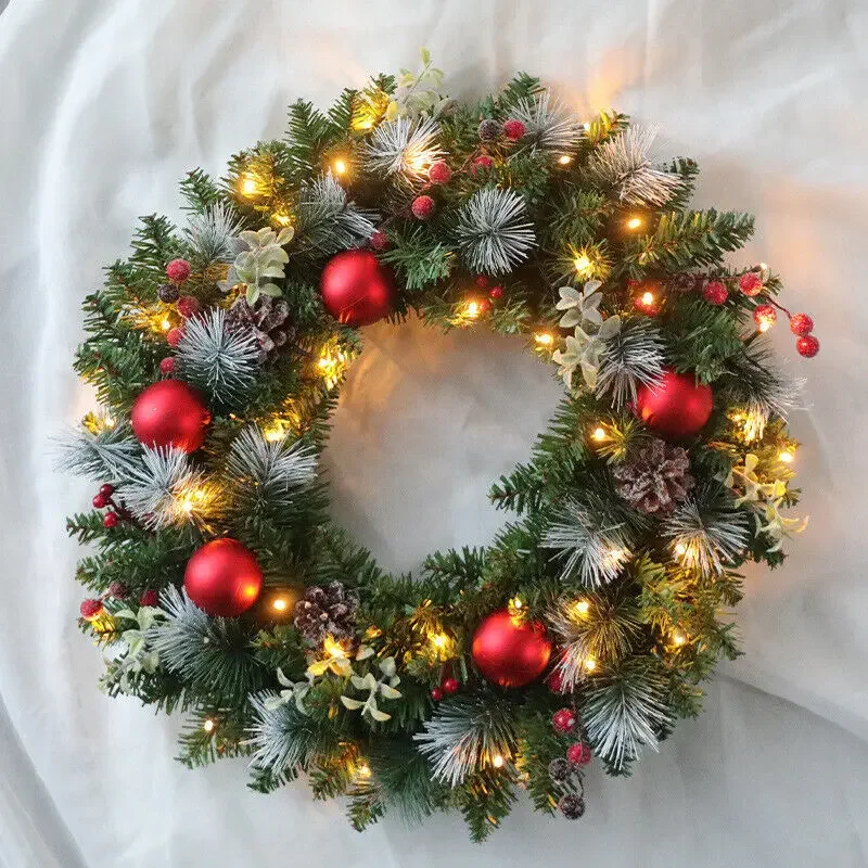 30CM Christmas Wreath With Lights Wall Hanging Decoration Xmas Door Garland Ornaments