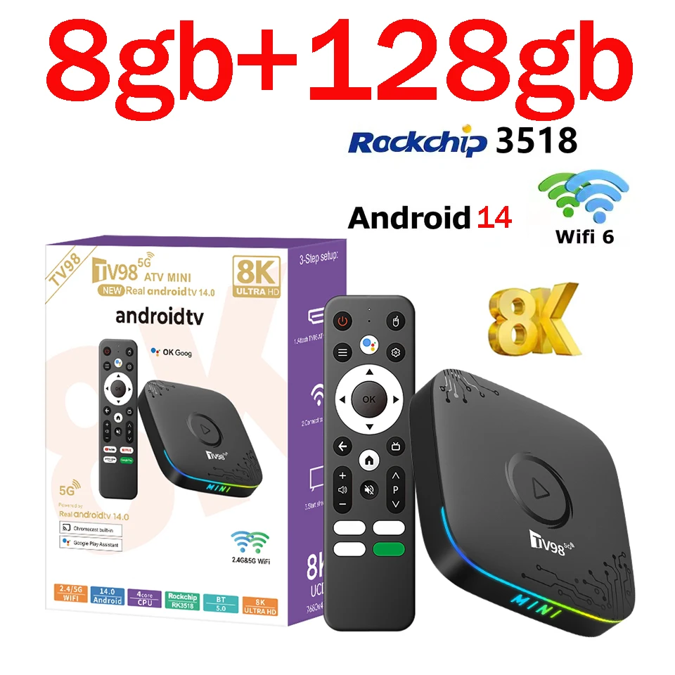

2026 PK T1 Android 14 Smart Home Theater 8GB 128GB TV98 Box Rockchip RK3518 BT5.0 Goog Assistant Streaming Player WiFi6 TV stick