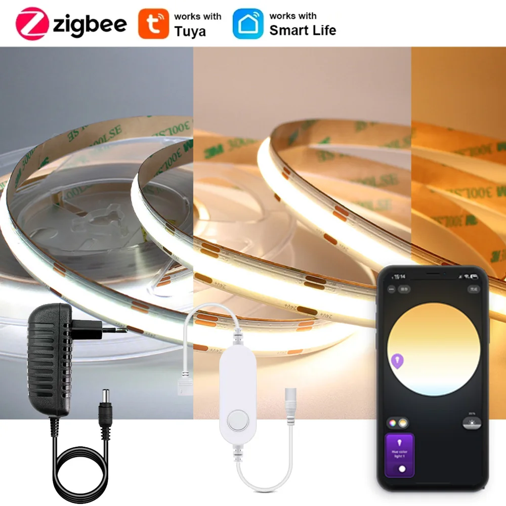 1M-5M Zigbee 3.0 CCT COB LED Strip DC 24V Double Color LED Tape Linear 2700K-6500KRA90 Tuya Zigbee Dimmable for Smartthing Alexa