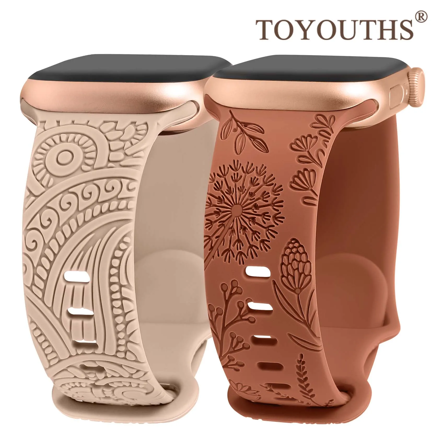 

TOYOUTHS 2 Packs Engraved Band for Apple Watch 41mm 40mm 38mm Floral Silicone Sport Strap for iWatch 9/8/SE/7/6/5/4/3/2/1