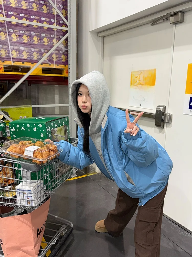 

Lumoder Blue Cotton Jaet Women's Winter Oversize Loose Thi ort Outerwear Street Sle Regular Sve Long Zipper