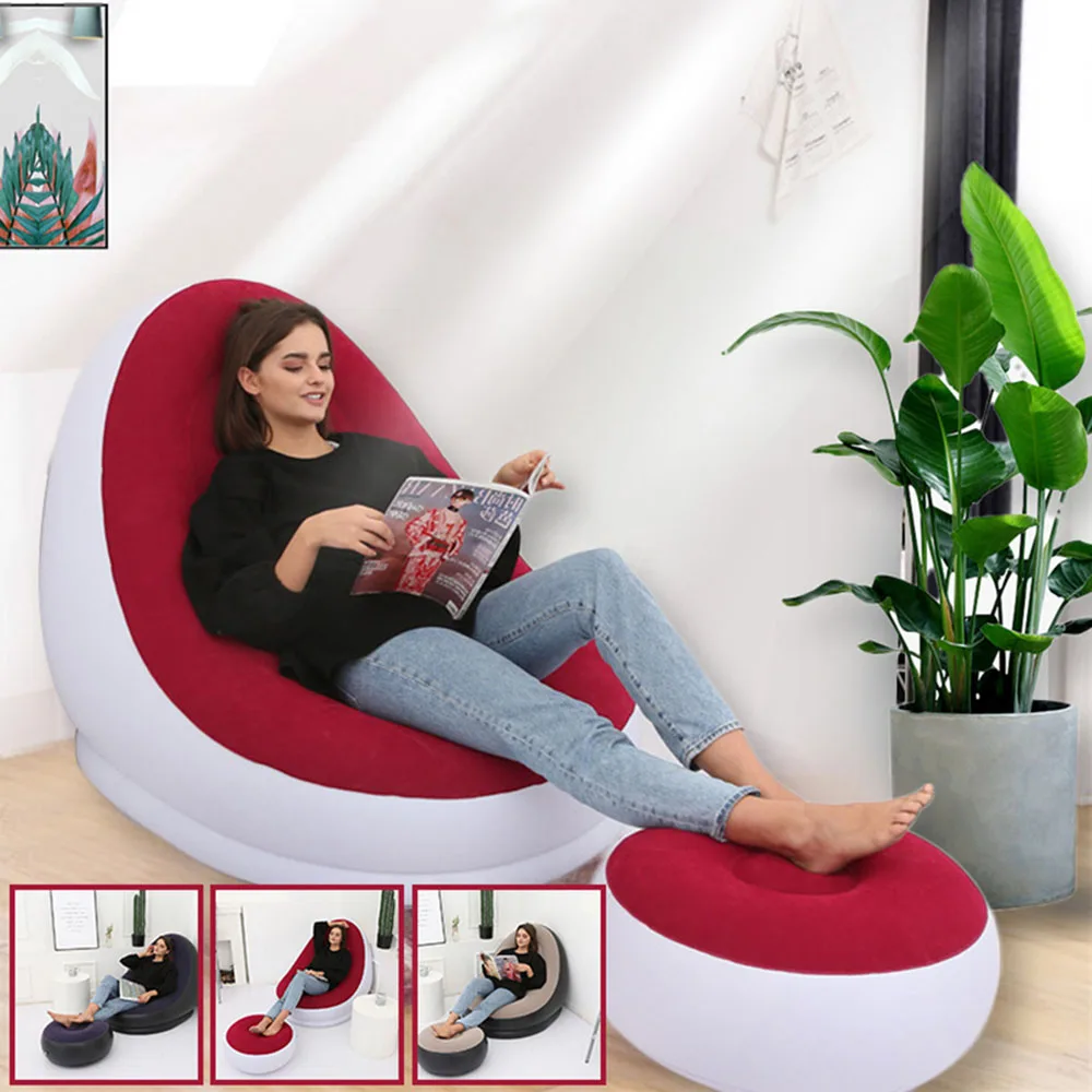 1pc Red Inflatable Sofa with Footstool PVC Flocking Surface Lazy Sofa Living Room Bedroom Lounge Chair Desk Chair