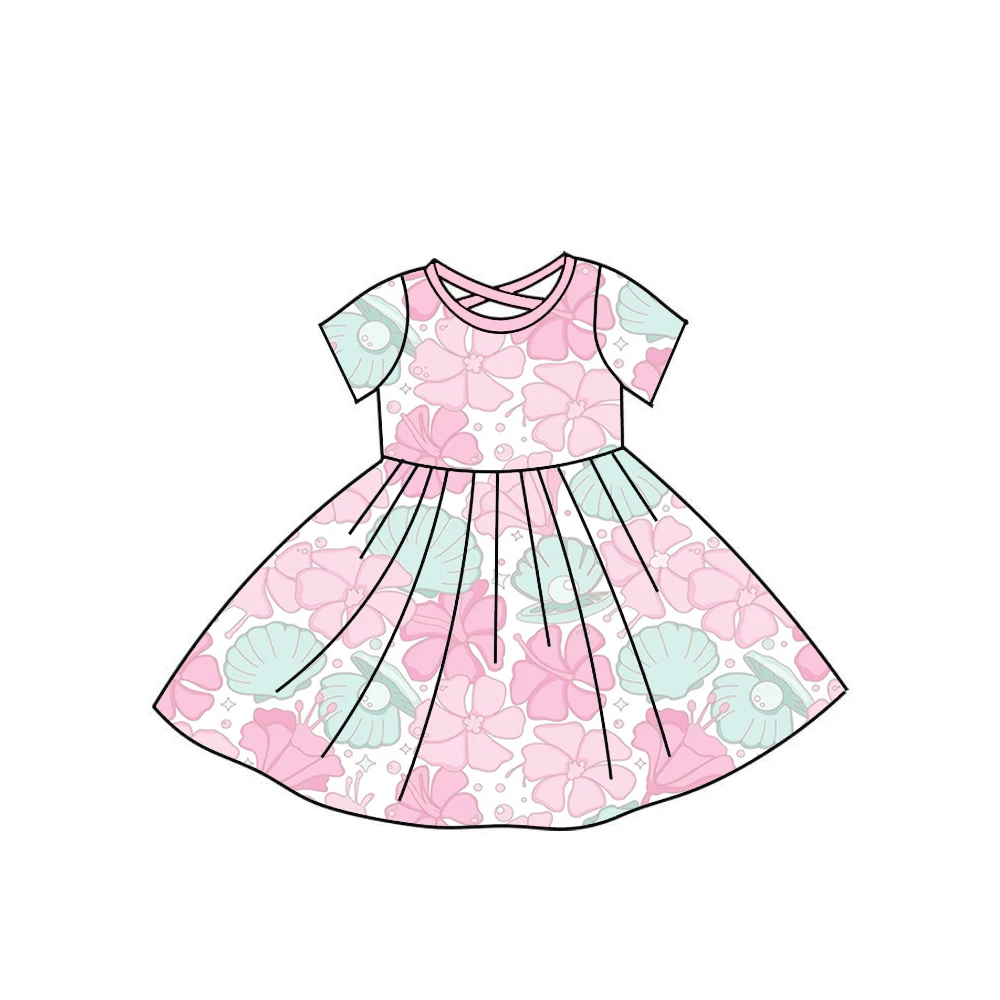 Boutique Girl's Short-sleeved dress Crisscross back Duck flower and undersea plant print custom wholesale