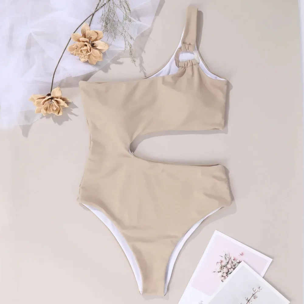 Sexy de uma peça de banho feminino conjunto de biquíni praia cor sólida senhora maiô sem cintura alça de um ombro terno de biquíni coreano 2024