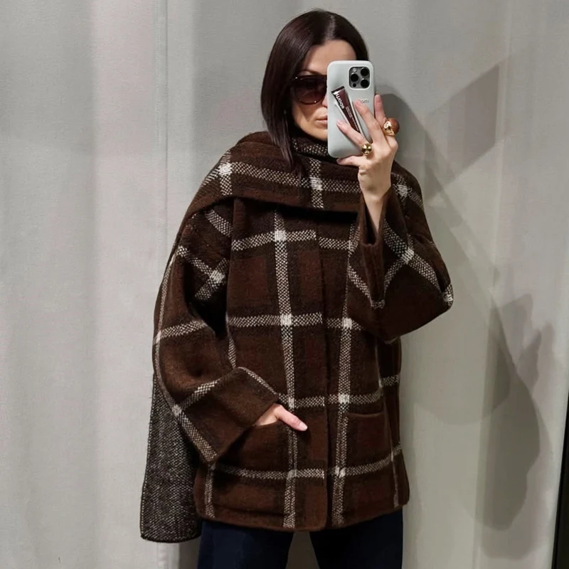 

Женский свитер, вязаные клетчатые кардиганы с шарфом в клетку в стиле ретро, уютные популярные свитера, женские трикотажные изделия, весенняя женская куртка 2026, кардиган