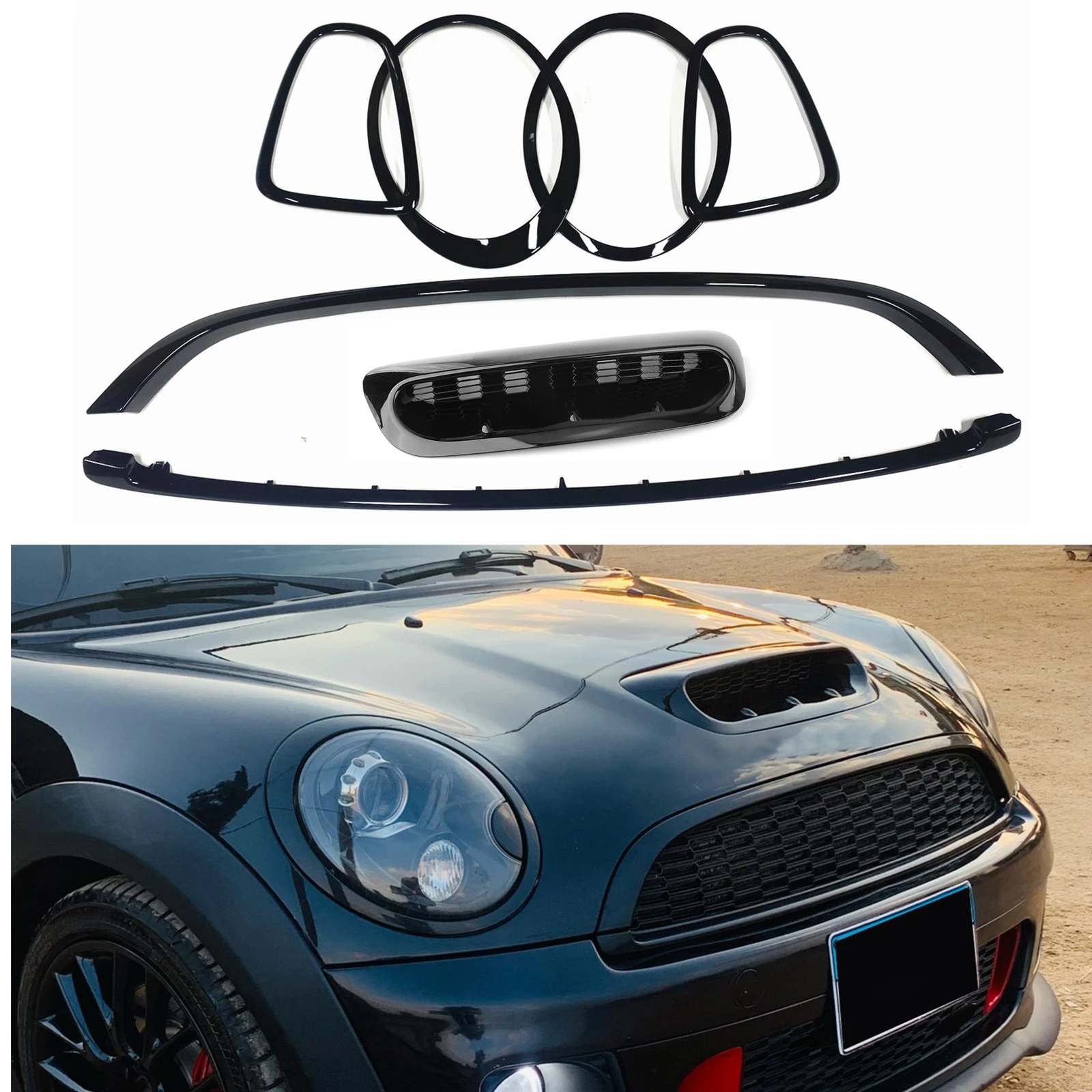 

Front+Rear Lamp Cover Headlight Frame+Engine Hood Scoop+Grille Grill Trim For Mini Cooper S R55 R56 R57 R58 R59 JCW 2007-2014